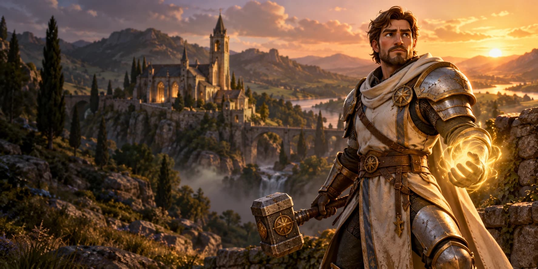 A human paladin with a glowing hand before a hilltop abbey at sunset