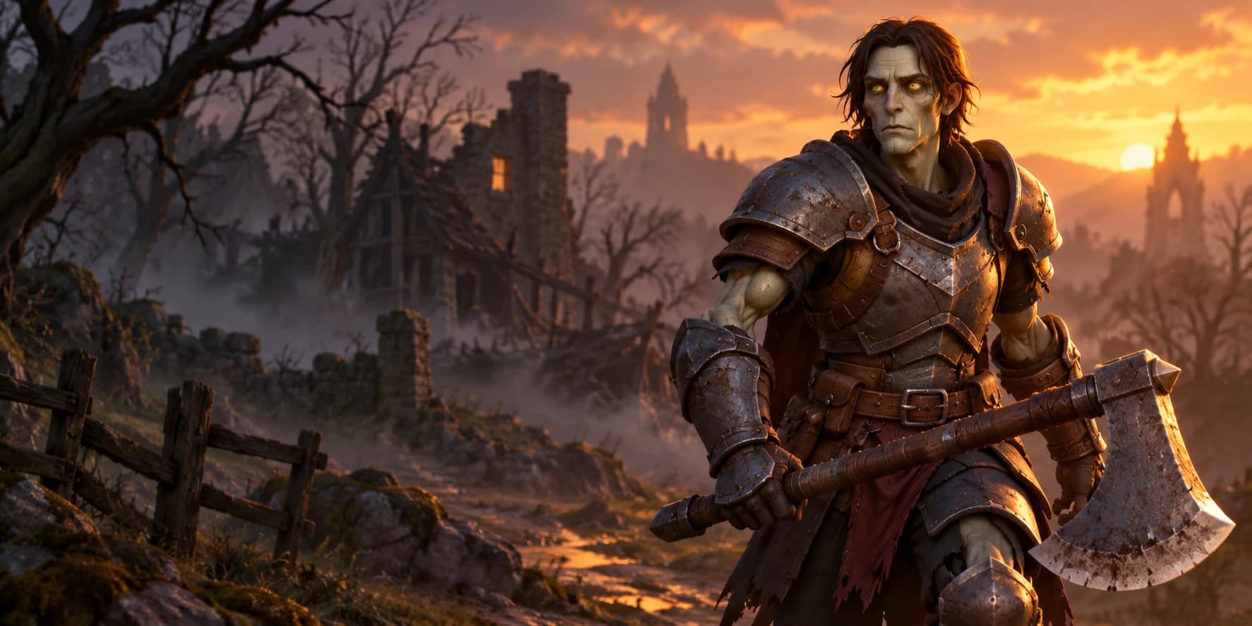 An undead warrior with a great axe in a misty, ruined hamlet at dusk