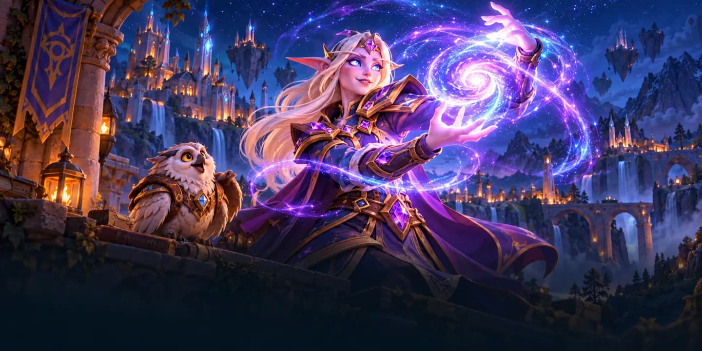 A blood elf mage conjures a swirling vortex of violet arcane energy