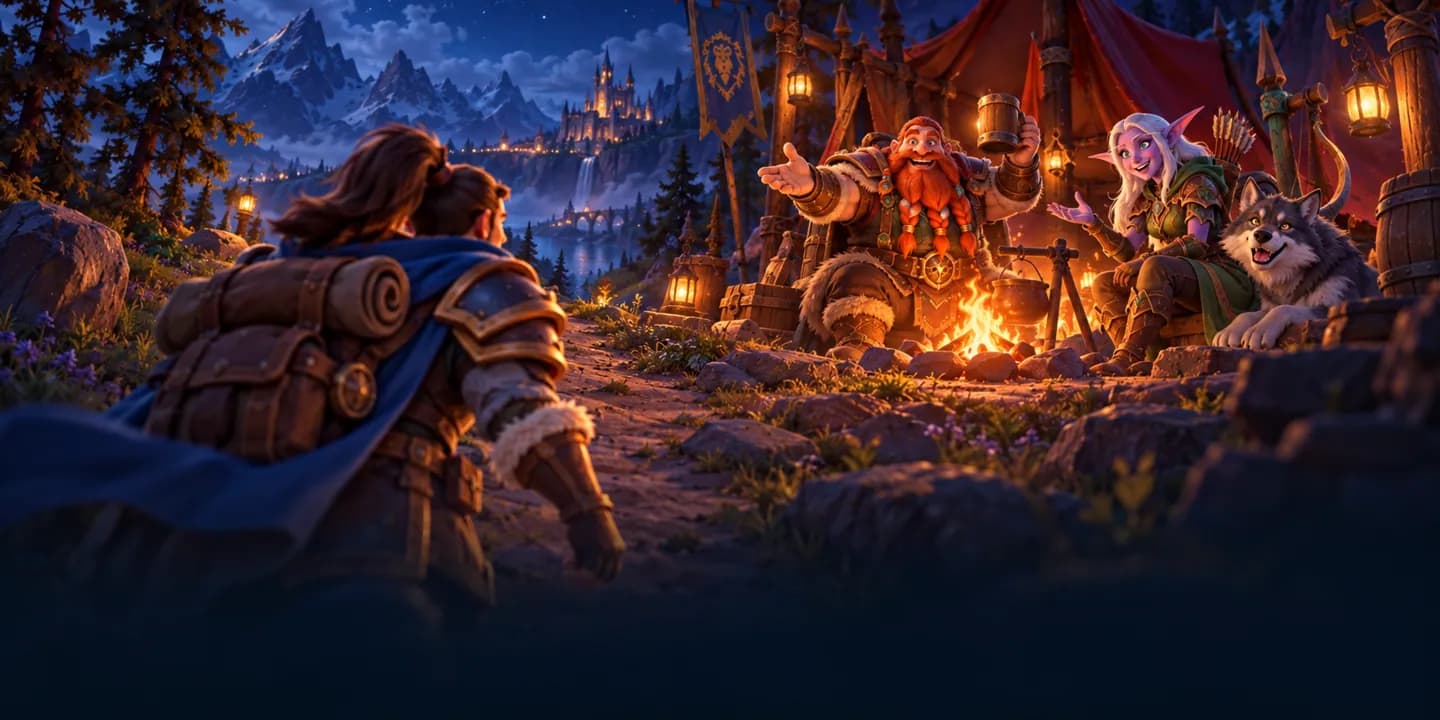 A traveller with a pack walks toward a warm campfire where friends wave him over