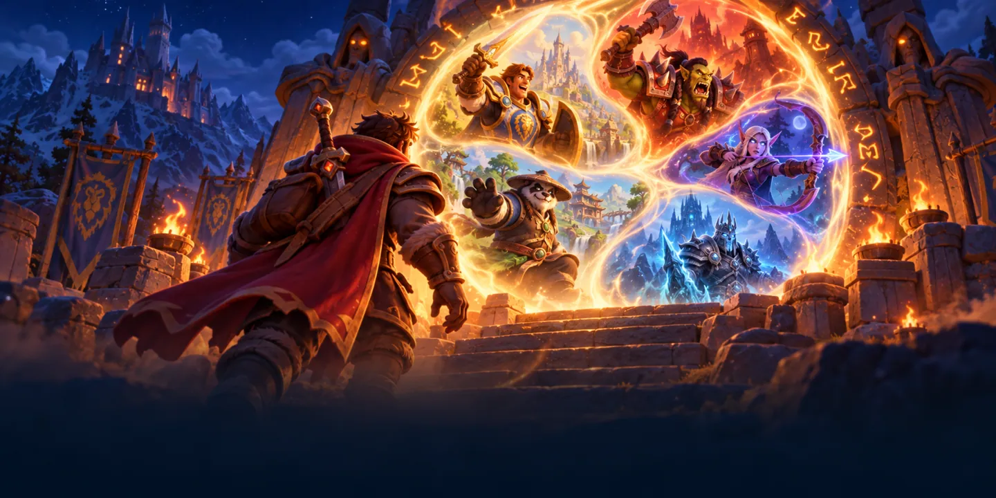 A cloaked hero faces a great circular portal showing many different class fantasies