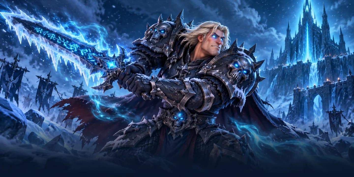 A death knight in spiked, frost-rimed plate swings a glowing runeblade before an icy citadel