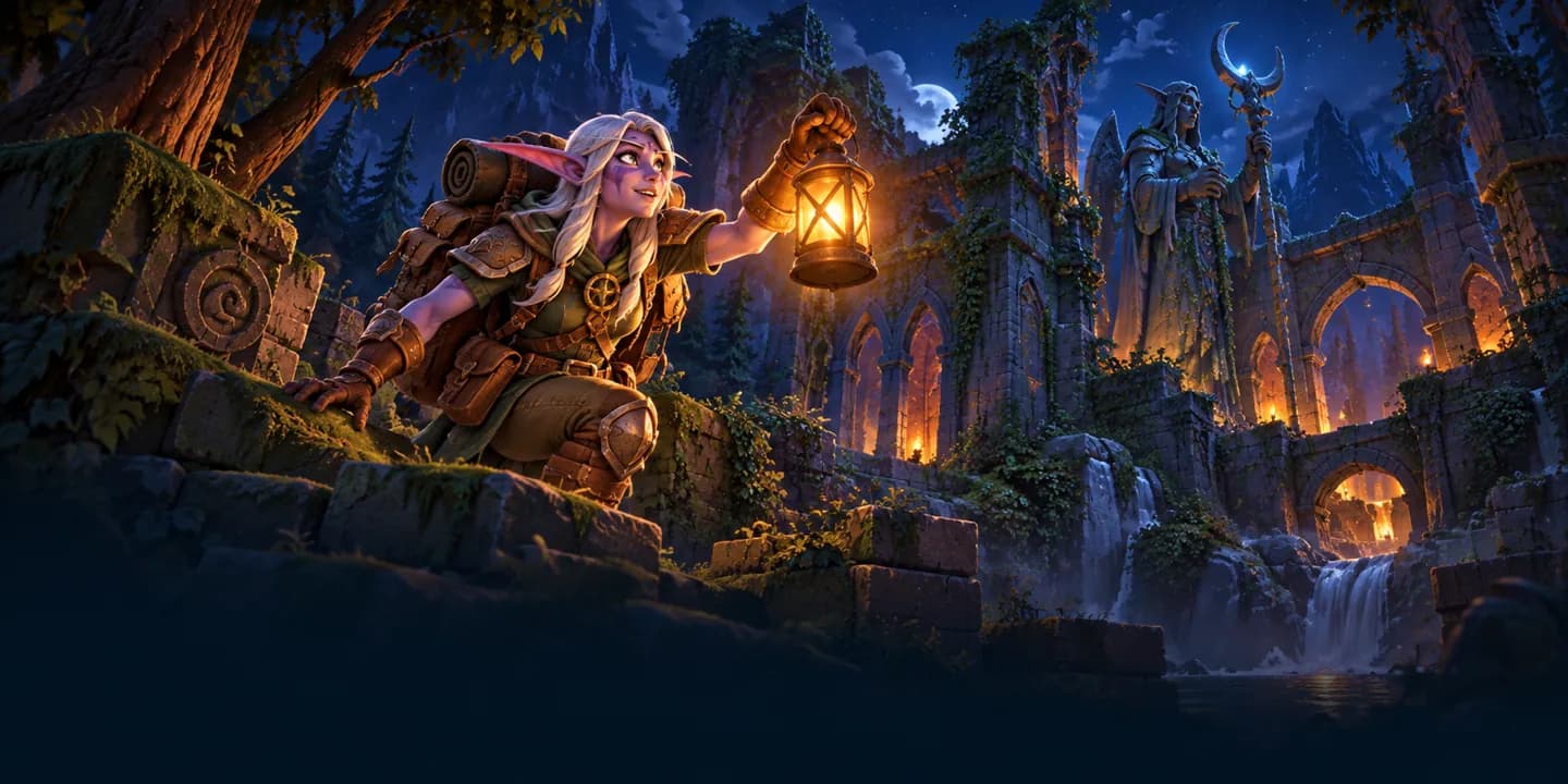 A lone explorer holds up a lantern while venturing through overgrown ruins at night