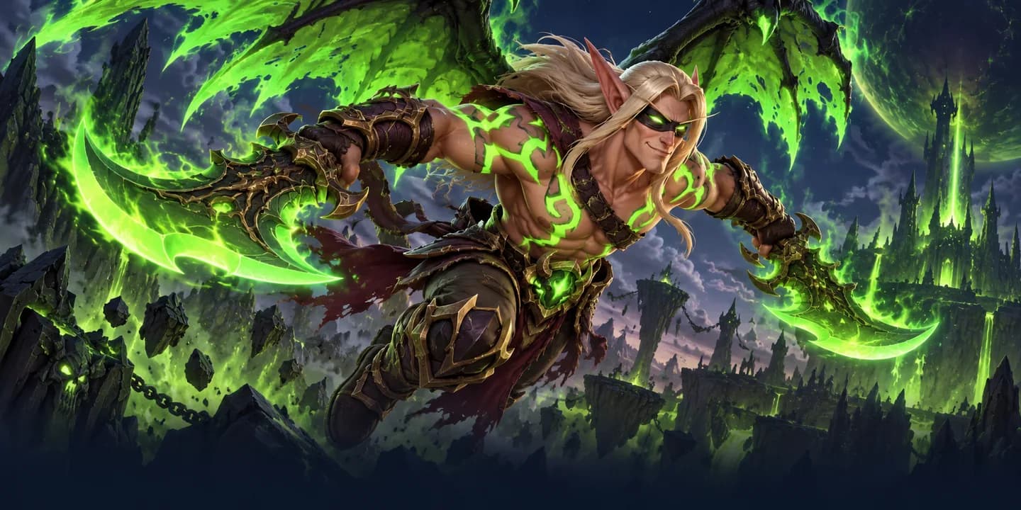 A blindfolded blood elf demon hunter with glowing fel tattoos leaps forward on fel wings, twin warglaives drawn