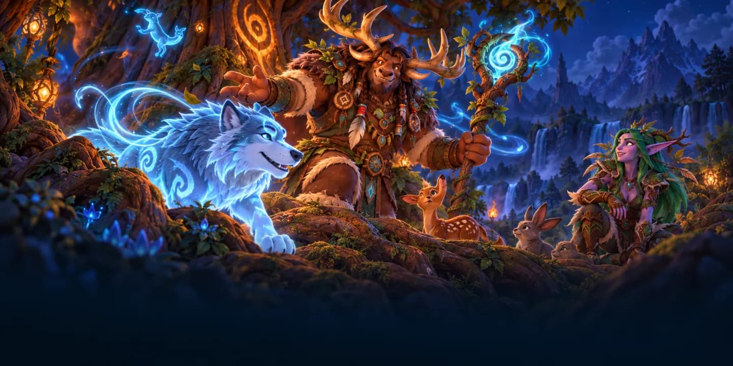 A tauren druid channels nature magic beside a glowing spirit wolf in an ancient forest