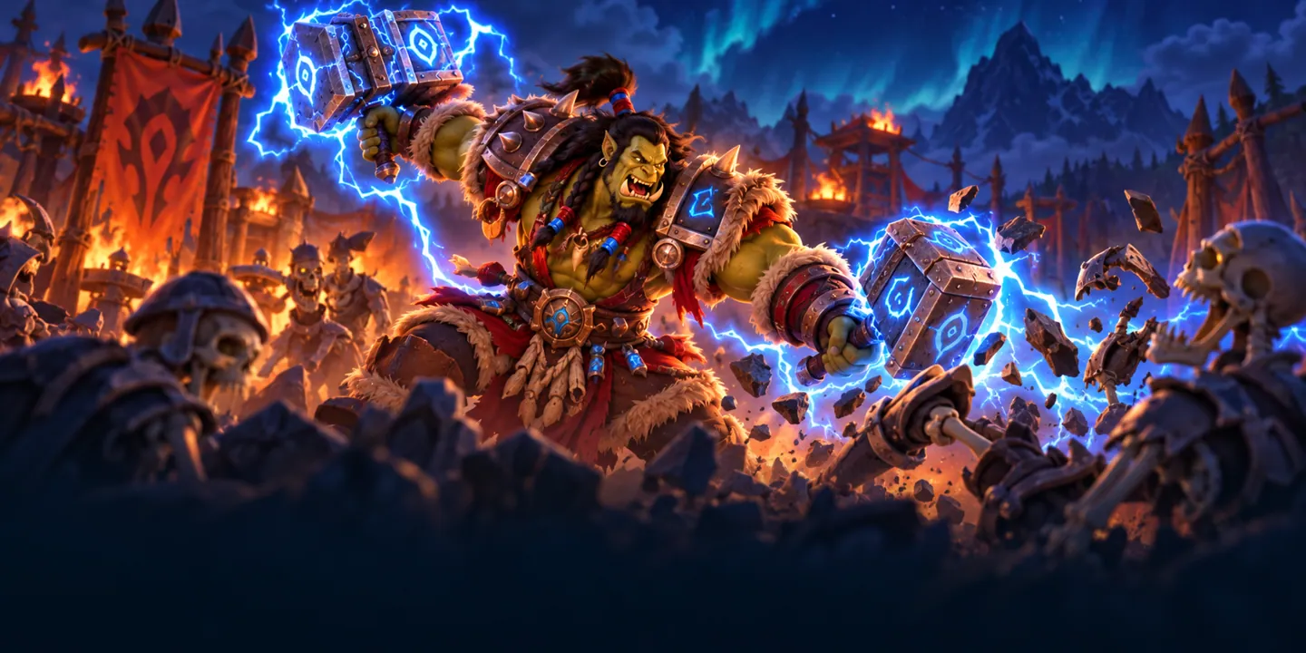 An orc enhancement shaman charges forward, weapons crackling with lightning