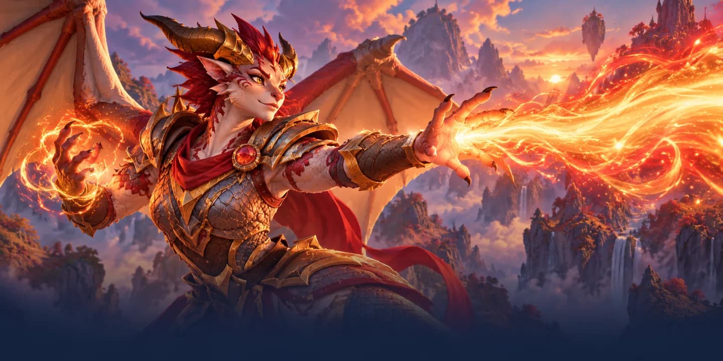 A dracthyr evoker spreads her wings and unleashes a stream of fiery draconic breath over the Dragon Isles
