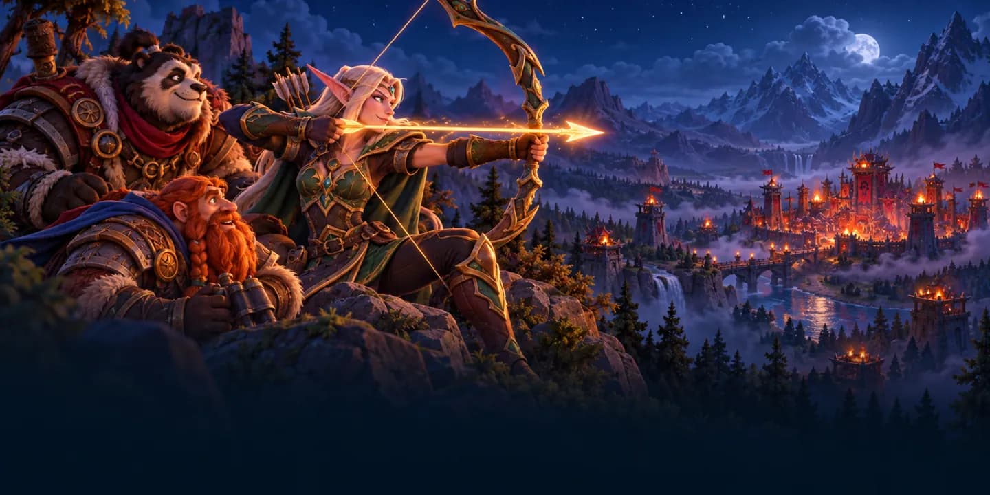 A night elf hunter draws a glowing arrow and aims at a distant target