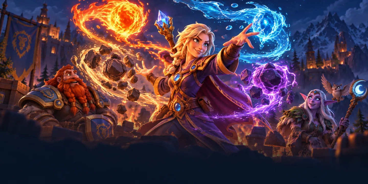 A mage juggles fire, frost and arcane magic at once, spheres of each element swirling around her