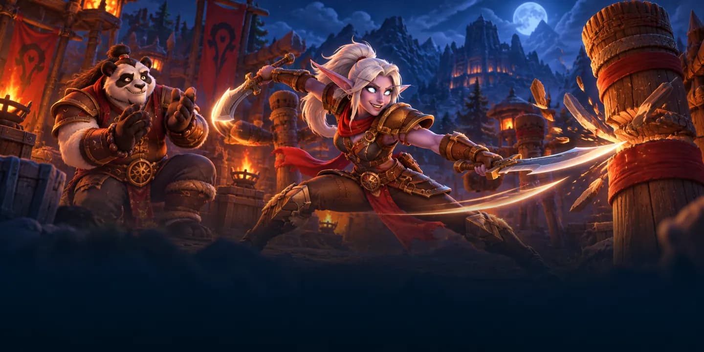 A blood elf rogue lunges with twin curved blades