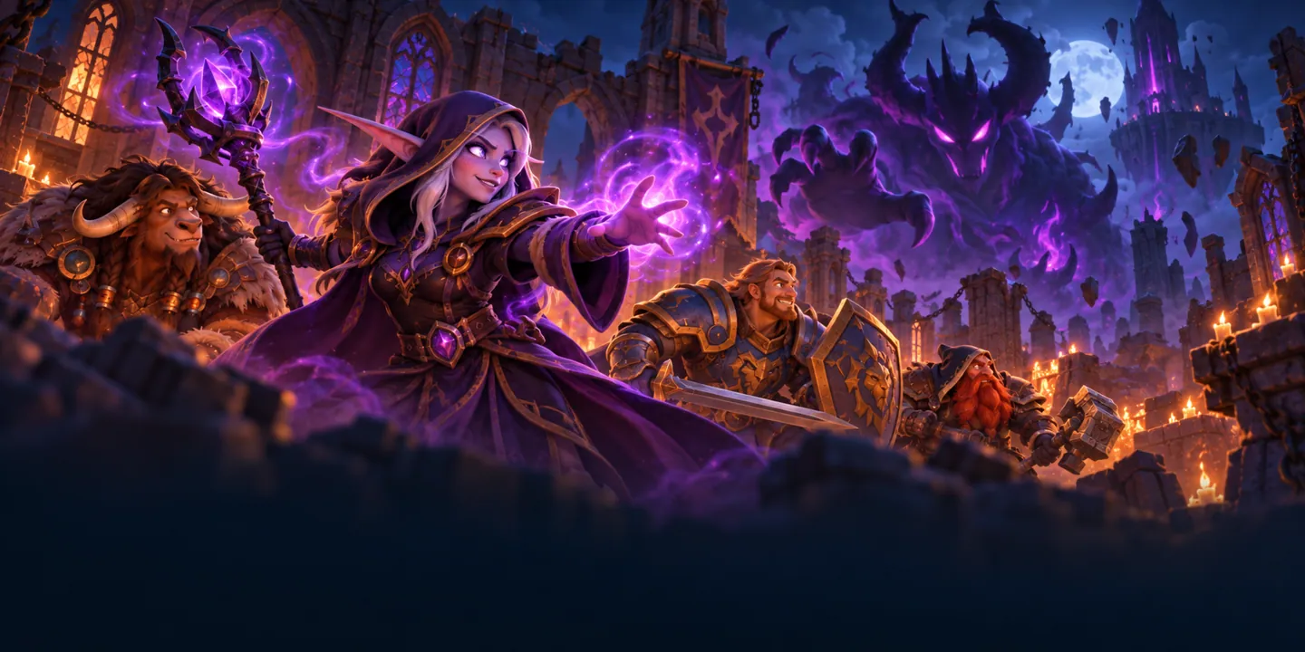 A warlock wreathed in purple shadow magic with a looming demon behind her