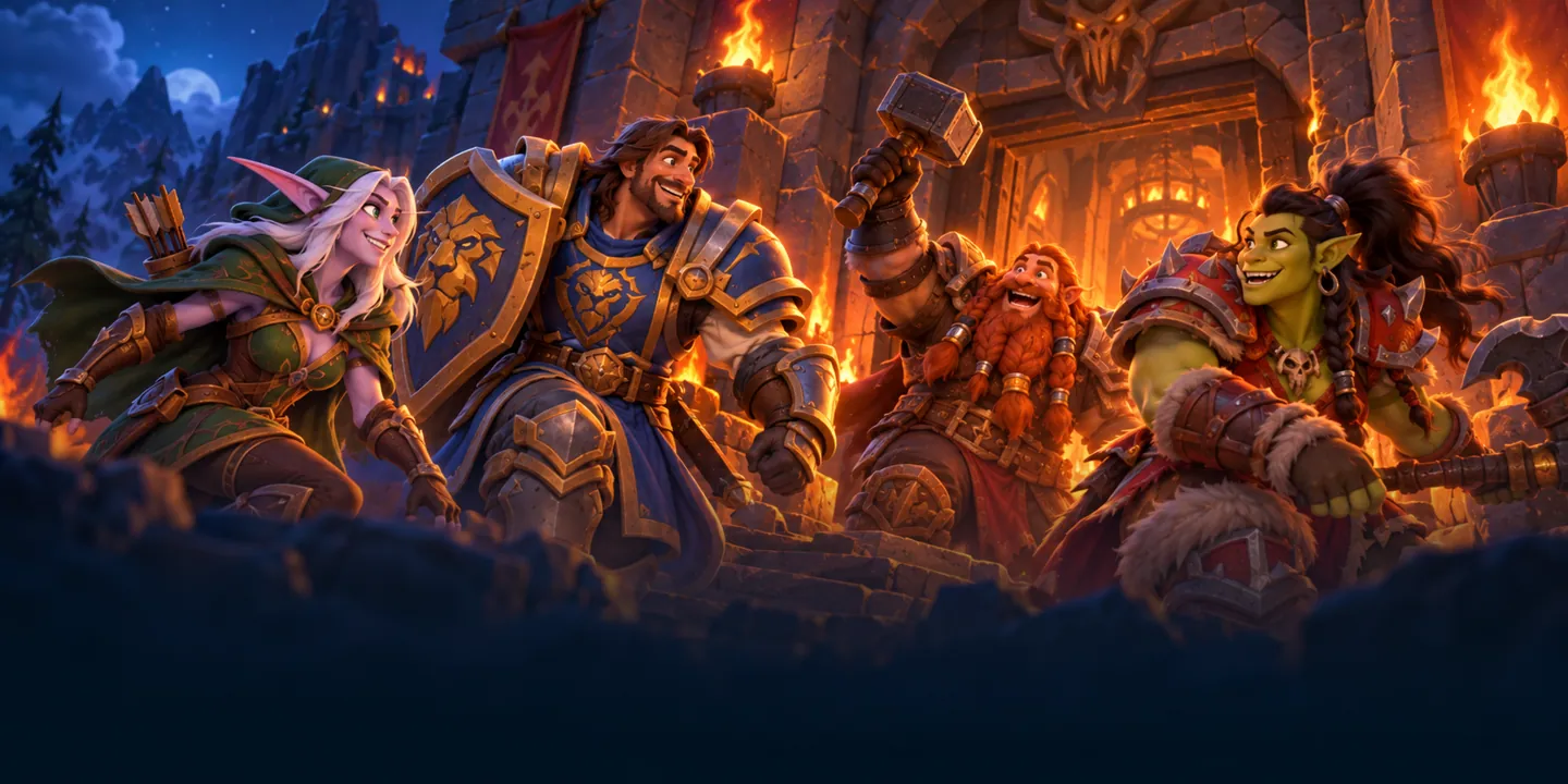 A mixed party of adventurers gathers at the fiery entrance of a dungeon
