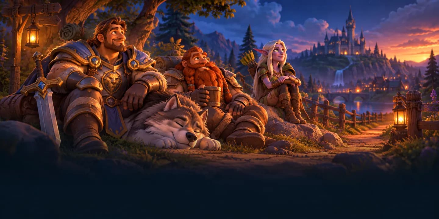 Friends relax together on a hillside at dusk with a castle in the distance