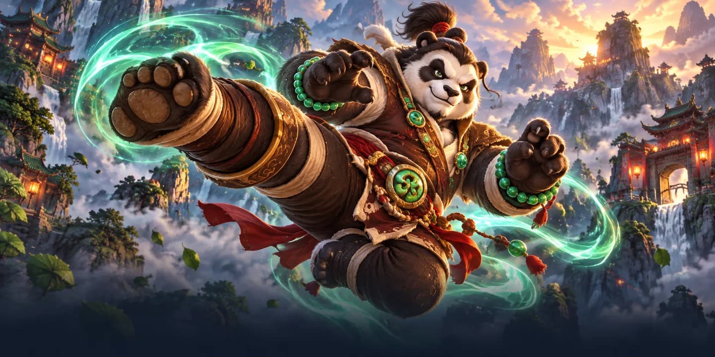 A pandaren monk launches a flying kick wrapped in swirling jade chi among misty mountain temples