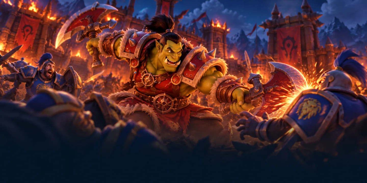 An orc warrior swings a great axe into an opponent at close range