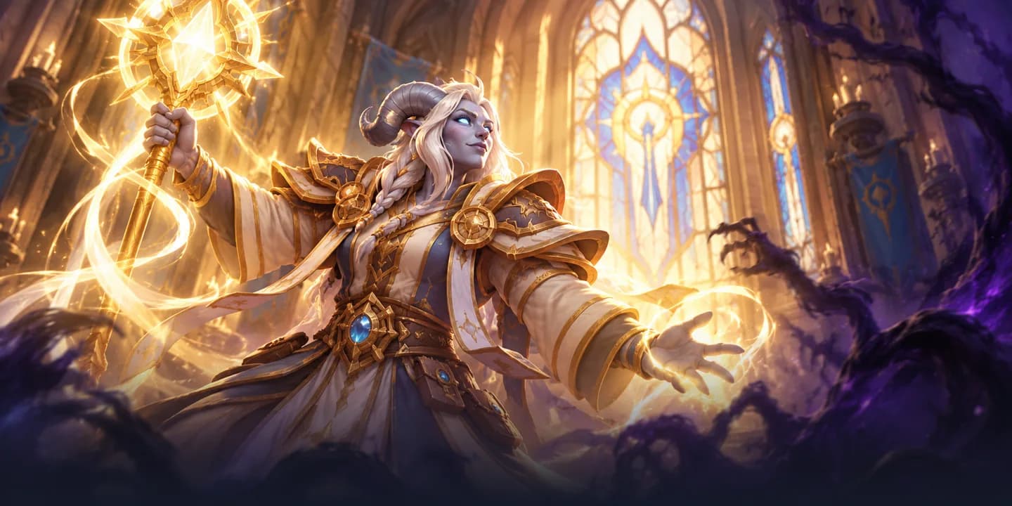 A draenei priest raises a radiant staff in a cathedral as holy light pushes back creeping shadow