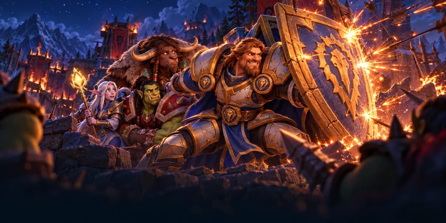 A heavily armored paladin braces a huge shield to protect the allies behind him