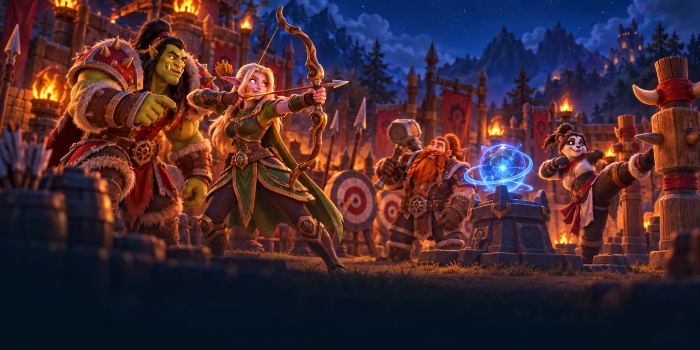 Adventurers practise on straw targets and training dummies in a torch-lit yard