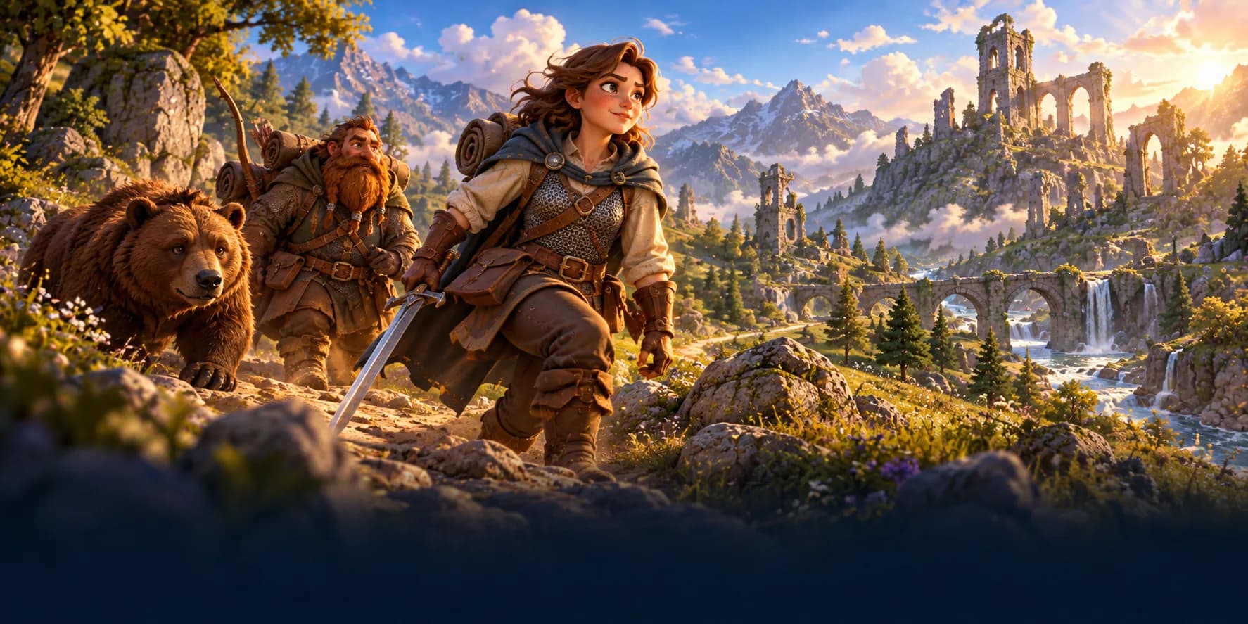A young adventurer with a dwarf and a bear companion sets off toward ruined castles on a sunny hillside