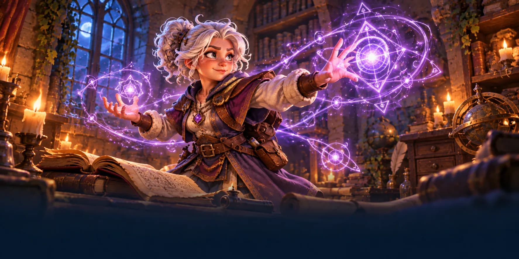 A young mage studies glowing arcane runes in a candle-lit library