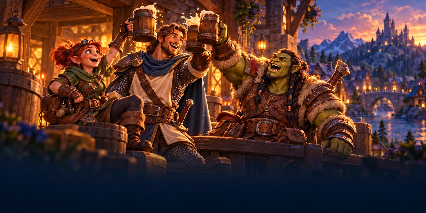 Friends of the Alliance and Horde raise mugs together in a cosy tavern