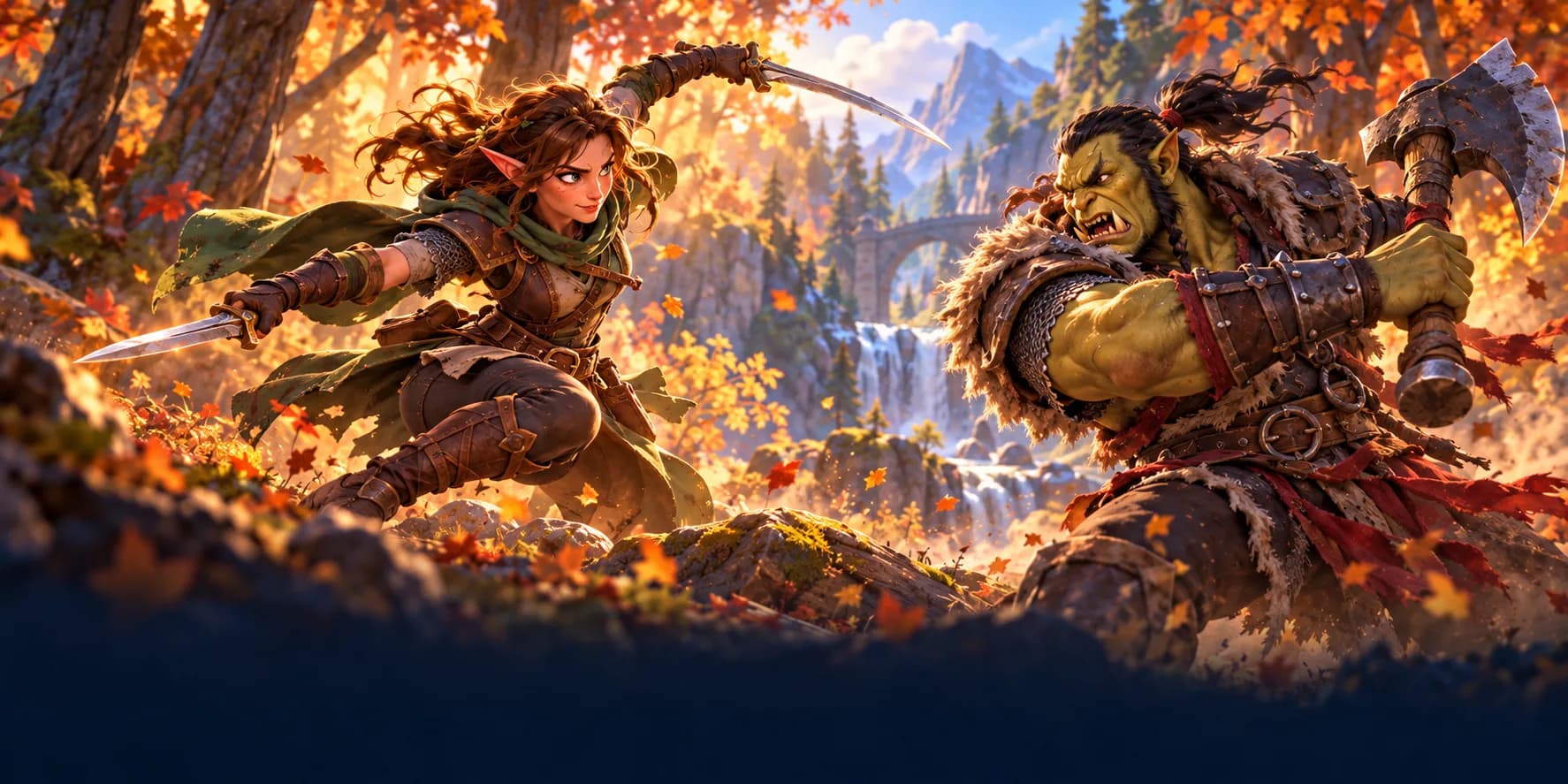 A night elf rogue leaps at an orc warrior in an autumn forest
