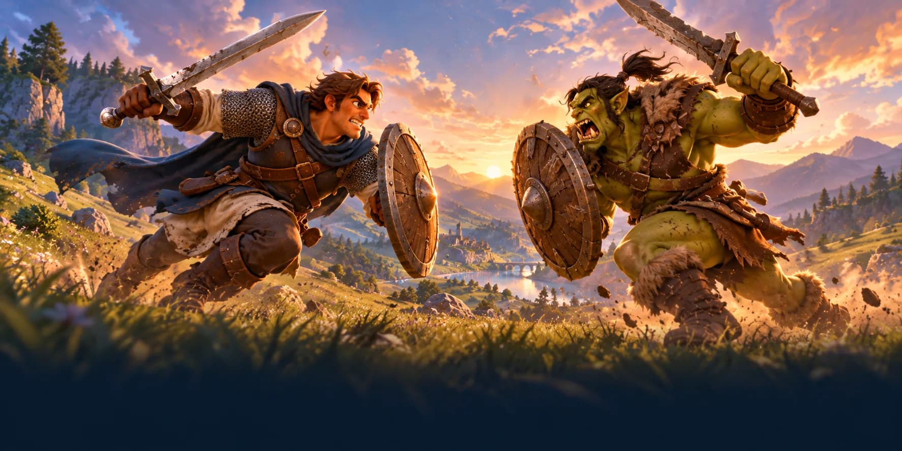 A human warrior and an orc warrior clash with swords and shields on a sunlit hillside