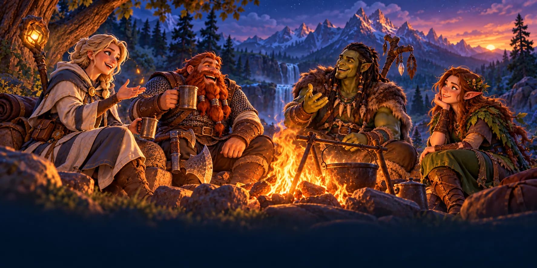 Friends of every race share stories around a campfire at dusk