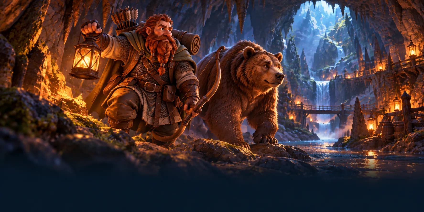 A dwarf explorer with a lantern and a bear companion peers into a glowing cave
