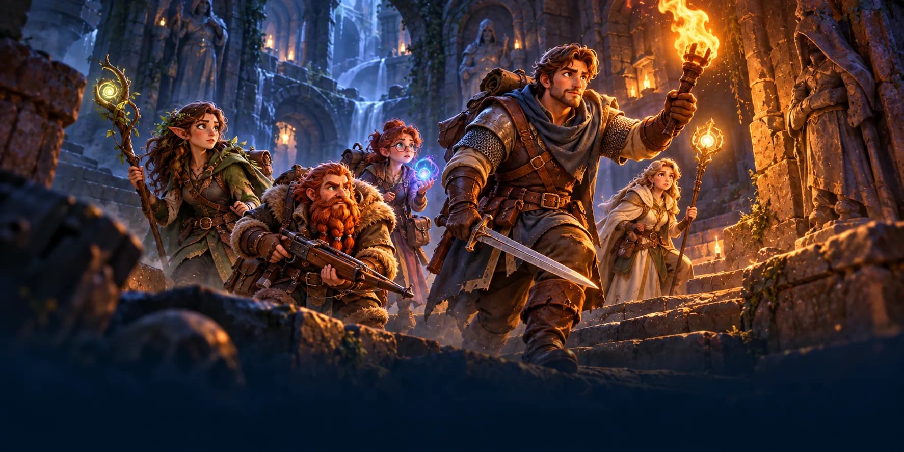 A party of adventurers with torches and staves explores a glowing dungeon